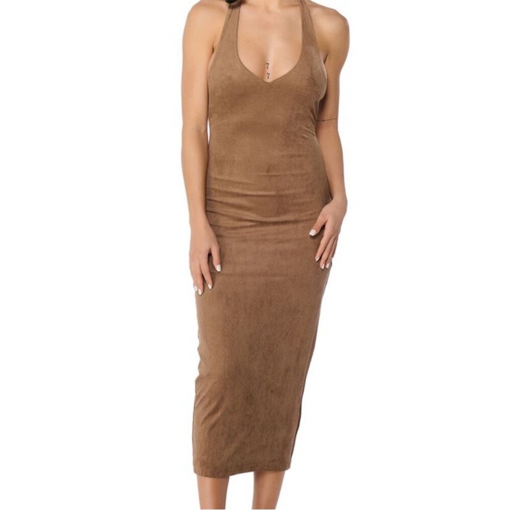 Faux Suede Brown Halter Neck Dress